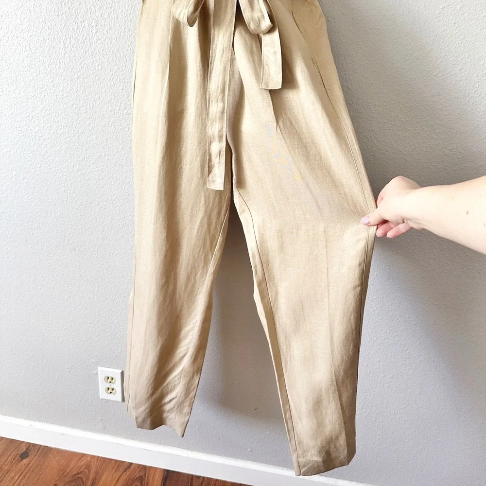 Banana Republic Gold Shimmer Tan Linen Sleeveless Tie Waist Jumpsuit Size Small